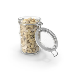 Cashew nuts stored in sealed transparent jar with lid open