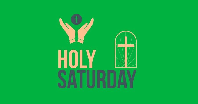 Digital animation of holy saturday text banner with cross icon against transparent background - Powered by Adobe