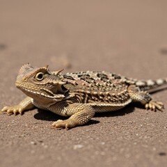 Fototapeta premium Bearded Dragon basking in the sun on a sandy surface.