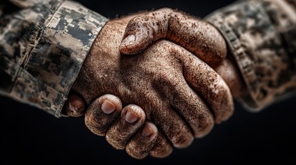 Close-up of military personnel shaking hands, uniforms are dirty and gritty. Symbolizes camaraderie, agreement, or support, suitable for patriotic themes.