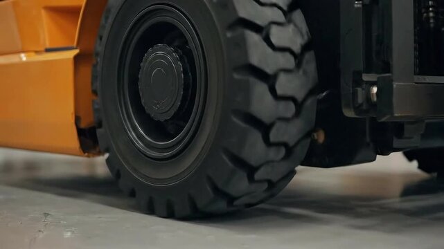Orange Forklift Truck Wheel Detail on Concrete Floor in Warehouse Logistics Operation Heavy Industrial Machinery Material Handling and Transport Manufacturing Distribution