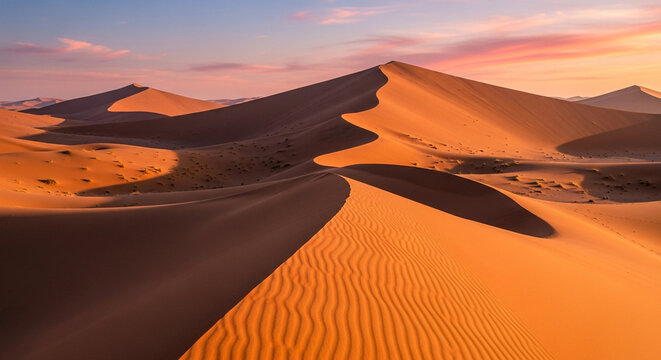 A mesmerizing view of sand dunes stretching across the desert landscape, illuminated by the warm glow of the setting sun, creating a serene atmosphere