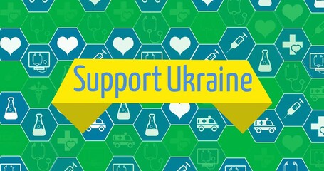 Digital animation of support ukraine text banner against medical icons on transparent background - Powered by Adobe