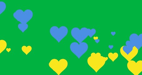 Multiple blue and yellow heart icons floating with copy space on transparent background