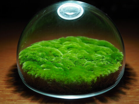 Lush green moss in a clear glass dome on wooden surface