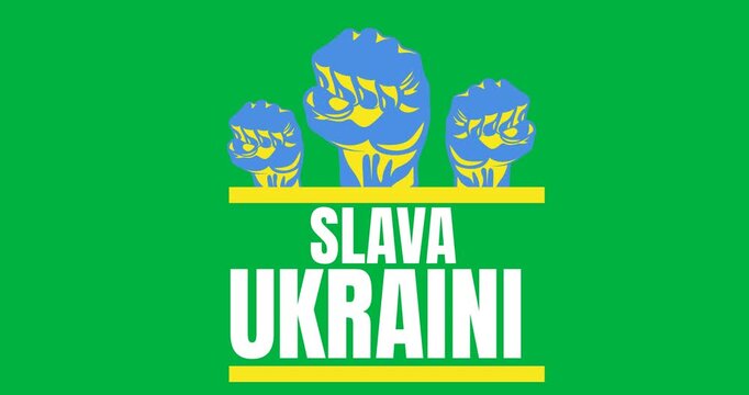 Slava ukraini text banner with protest fists icons against transparent background