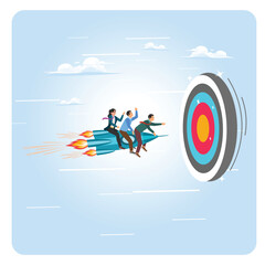 Leadership to lead team concept. Businessmen ride rockets to hit the target on target
