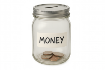 Glass jar with money label and coins, symbolizing small savings, financial growth, and future investment budget on transparent background