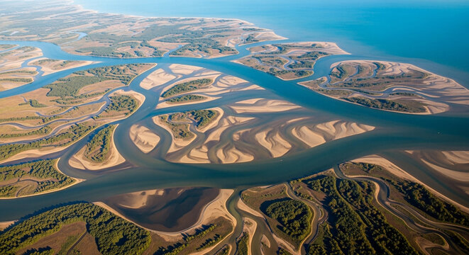 Breathtaking aerial perspective of a vast river delta, revealing the intricate network of waterways and the stunning natural patterns of the landscape