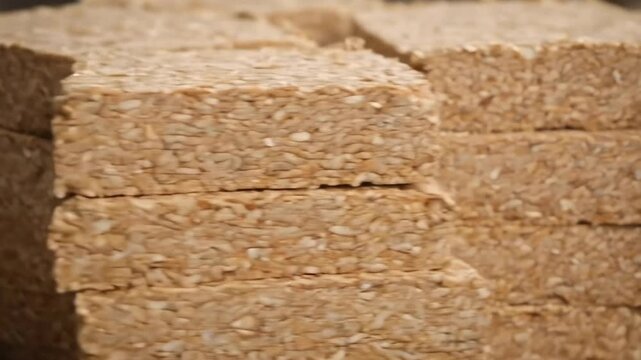 Stacks of Sesame Seed Bars Ready for Distribution in a Food Processing Factory Highlighting the Uniform Shapes and Textural Richness Under Natural Lighting Showing the Assembly Line Perfection