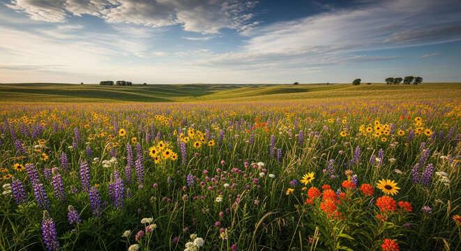 A vibrant prairie landscape unfolds with lupine, sunflowers, and orange poppies under a blue sky, showcasing the beauty of nature in full bloom on the horizon - Powered by Adobe