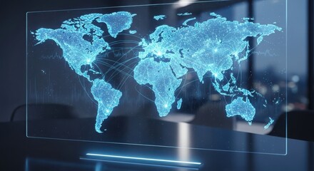 Global digital map technology futuristic blue world map hologram digital network connectivity futuristic data flow global business
