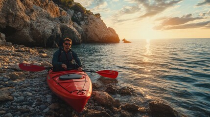 moment before adventure, man crouched beside red kayak on rocky shore, sunglasses in hand, golden hour lighting and vibrant nature all around