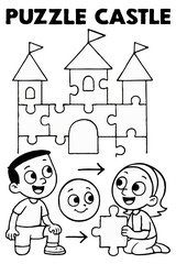 Cheerful children working together to complete a puzzle castle while holding a loose piece.