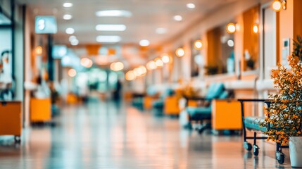 Obraz premium Blurred vision of hospital hallway with seating and lighting creating a calming atmosphere