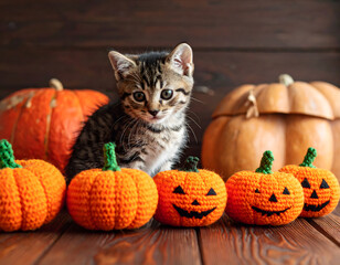 Adorable Kitten Among Crochet Pumpkins and Real Halloween Pumpkins Creates Cozy Fall Scene