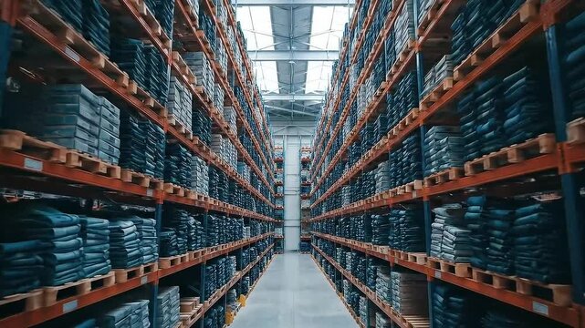 Warehouse Interior with Rows of Pallet Racking Storage System Under Bright Lighting in an Industrial Setting With Blue and Gray Material Bags and Wood Pallets Stored Efficiently