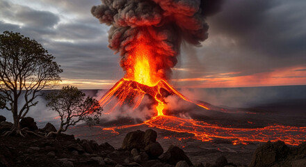 A dramatic volcanic eruption with lava flowing down the mountain, creating a fiery and aweinspiring spectacle against the dark sky at sunset in iceland