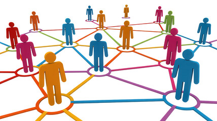 Abstract 3d network of diverse colorful human figures connected by glowing lines representing global communication and social connections