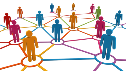 Abstract 3d network of diverse colorful human figures connected by glowing lines representing global communication and social connections