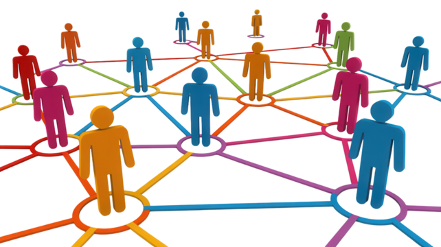 Abstract 3d network of diverse colorful human figures connected by glowing lines representing global communication and social connections