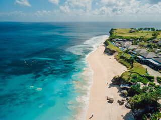 Paradise coastline in Bali with blue ocean. Dreamland beach. Aerial view