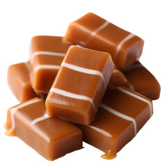 Pile of caramel candies with white lines on transparent background