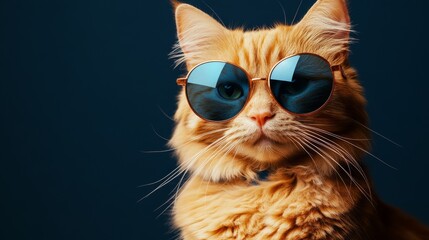 Naklejka premium whimsical pet portrait of ginger cat looking serious in oversized blue shades, fur lit with even studio lighting, clean backdrop