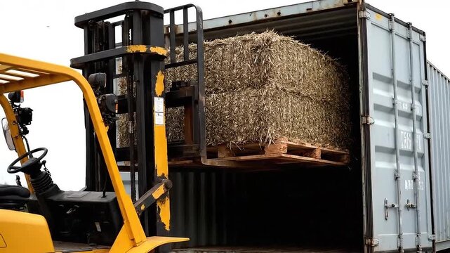 Yellow Forklift Loading Bales of Hay into Shipping Container for Transportation and Storage Against White Sky Background Hay Bales Resting on Pallet Stacked Neatly Inside Container