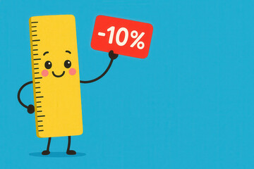 Back to school season brings cheerful savings as cute yellow ruler character holds red ten percent discount sign on blue background perfect for educational promotions