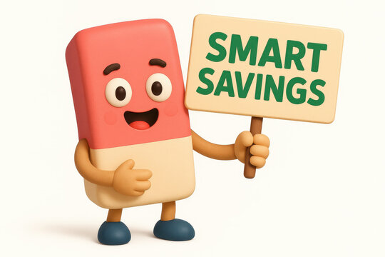 Cheerful cartoon eraser character holding sign with smart savings message, perfect for back to school promotions and educational financial tips for students and parents