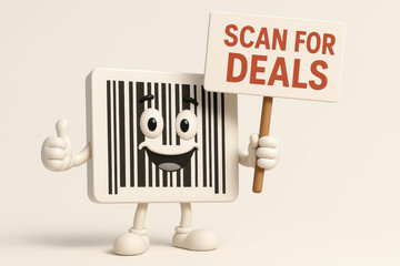 Back to school shopping excitement with cheerful barcode character holding scan for deals sign, promoting savings and discounts for students and families