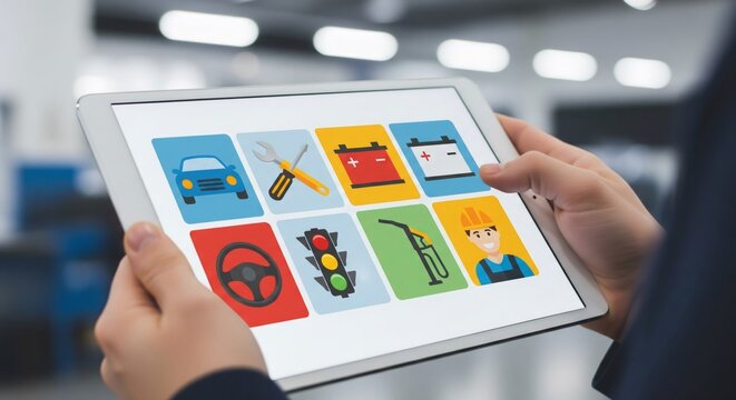 Mechanic uses a tablet for car maintenance service information at shop