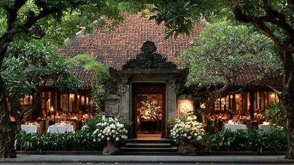 Fototapeta premium Charming Balinese restaurant exterior with lush greenery and traditional architecture