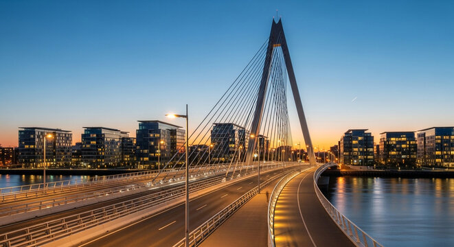 Captivating night view of a modern bridge illuminated against the twilight sky, reflecting in the calm water, showcasing urban design and architectural beauty - Powered by Adobe
