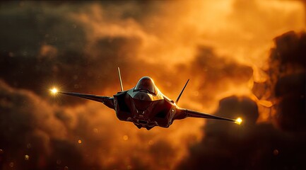 Military Jet Flying Through a Stormy Sky at Dusk Orange and Black Hues Dramatic Lighting
