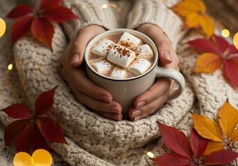 Cozy Autumn Comfort Warm Mug of Hot Chocolate with Marshmallows and Fall Leaves