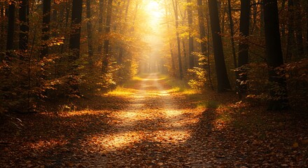 Golden autumn forest path bathed in ethereal sunlight, creating a serene and magical woodland atmosphere