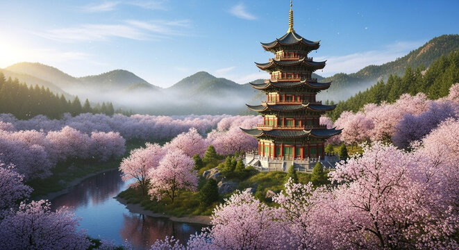 A serene landscape featuring a traditional japanese pagoda nestled amidst a sea of blooming cherry blossom trees, with mountains and a tranquil river in the background
