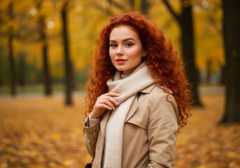 Beautiful Woman with Red Hair Posing in a Fall Park with Autumn Leaves - Fall Portrait