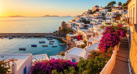 Picturesque view of the greek island of hydra with its white houses, colorful flowers, and boats in the harbor at sunset, a popular tourist destination