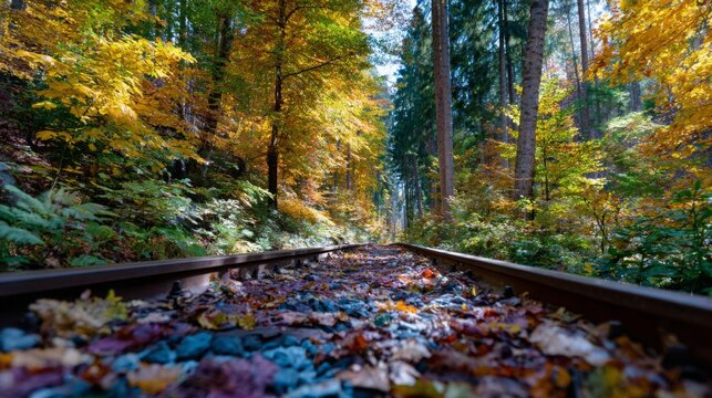Vibrant autumn leaves blanket the railway tracks surrounded by colorful trees in a serene forest landscape