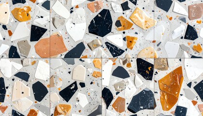 Close-up of terrazzo tile background showcasing colorful patterns. The tile is made up of aggregate chips embedded in a binder, creating a unique and durable surface
