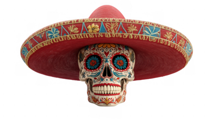 Decorated skull with sombrero shows tradition, created with AI