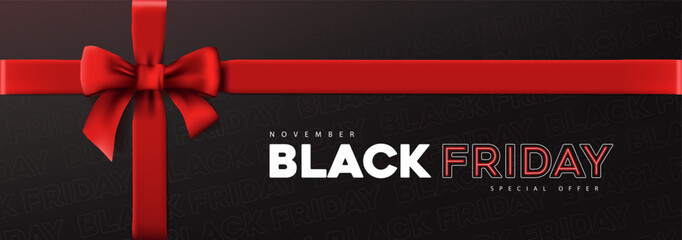 Modern black friday sale banner with red ribbon bow and luxury dark background perfect for holiday promotion and shopping advertisement