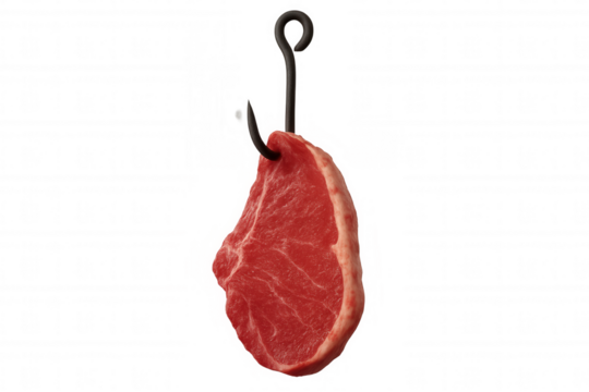 Raw red meat steak on a fishing hook, symbolizing temptation and risk, ready for baiting. Transparent background