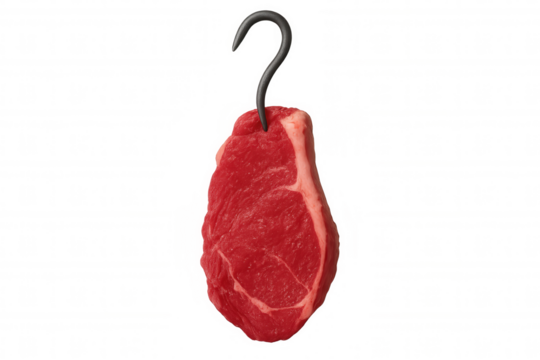 Raw beef steak hanging on a butcher hook, ready for cooking or display in a meat shop with transparent background
