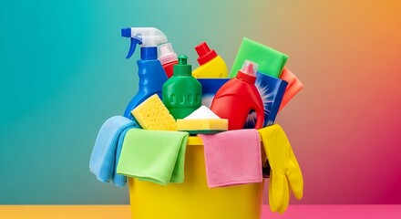Cleaning supplies in a yellow bucket. Cleaning and disinfection concept.