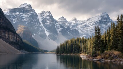 Fototapeta premium Majestic snow-capped mountains reflected in still alpine lake with rocky shores and pine trees, perfect for eco-tourism, wilderness escapes, and pro landscape photography.