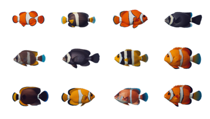 Set of Twelve Clownfish and Damselfish Varieties in a Grid Pattern - Isolated on Transparent Background